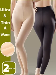 Set de 2 pares de mallas térmicas sin costuras de unicolor, pantalones ajustados de cintura alta para el otoño/invierno