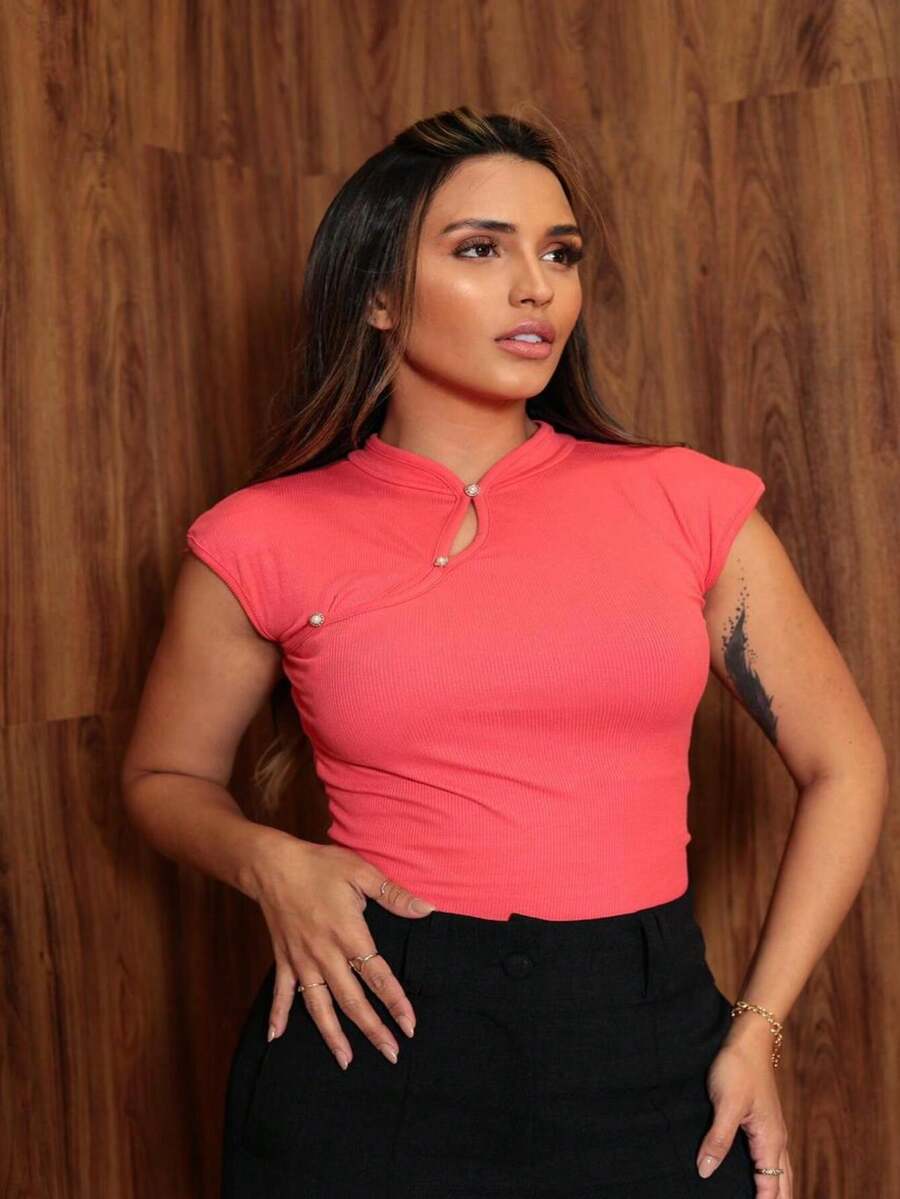 Ribbed Priest Collar Blouse Launch 2024 - 乾枯玫瑰色 - 查看 1