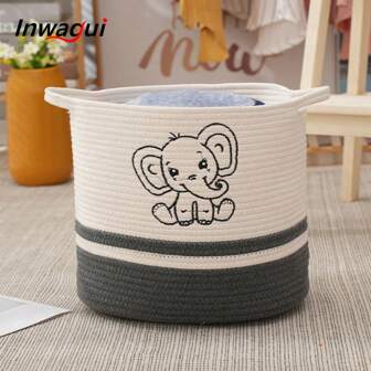 Inwagui 1pc Elephant Printing Storage Basket, Rope Woven Laundry Hamper For Bathroom, Home Decor, Foldable Round Laundry Basket, Blanket Basket, Clothing Toys Storage, Home Organization For Bedroom Playroom, Gift Basket, 36.07x29.97cm, White And Grey