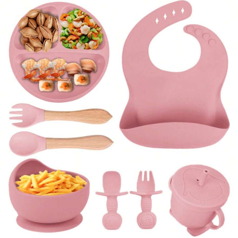 8-Piece Silicone Cutlery Set For Babies And Children - 粉色 - 查看 1