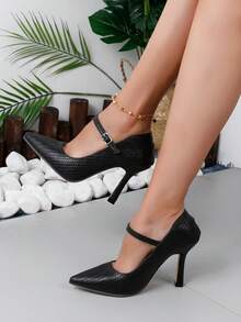 Women's New Mary Jane High Heels, Minimalist Pointed Toe With Ankle Strap, Black Woven Texture, For Office Wear - Black - View 1
