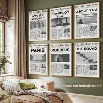 Vintage Wall Art Music Album Posters 1975 Newspaper Poster For Room Aesthetic Hanging Picture Set Of 1/6 Pcs Prints 1975 Canvas Wall Decor For Living Room Bedroom Dorm (Unframed-Style)