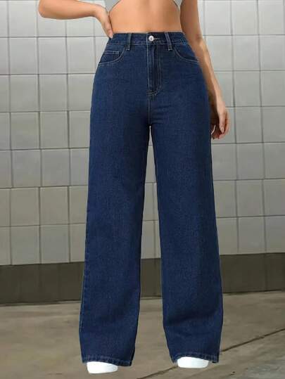 Vaqueros casuales de mezclilla de alta elasticidad para mujer, largos, con detalle de botones y bolsillos.