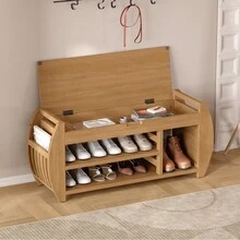 Retro Multifunctional Storage Bench With Cushion And Curved Side Panel For Entrance And Living Room (Natural) - Natural + MDF - View 3