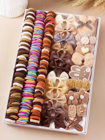 218 Stück Mädchen Süße Kaffee Farbe Haargummis, Haarklammern, Hasenohren & Schleife Haarschmuck, Haargummis, Haarblüten & Clips Kollektion Set für Kinder