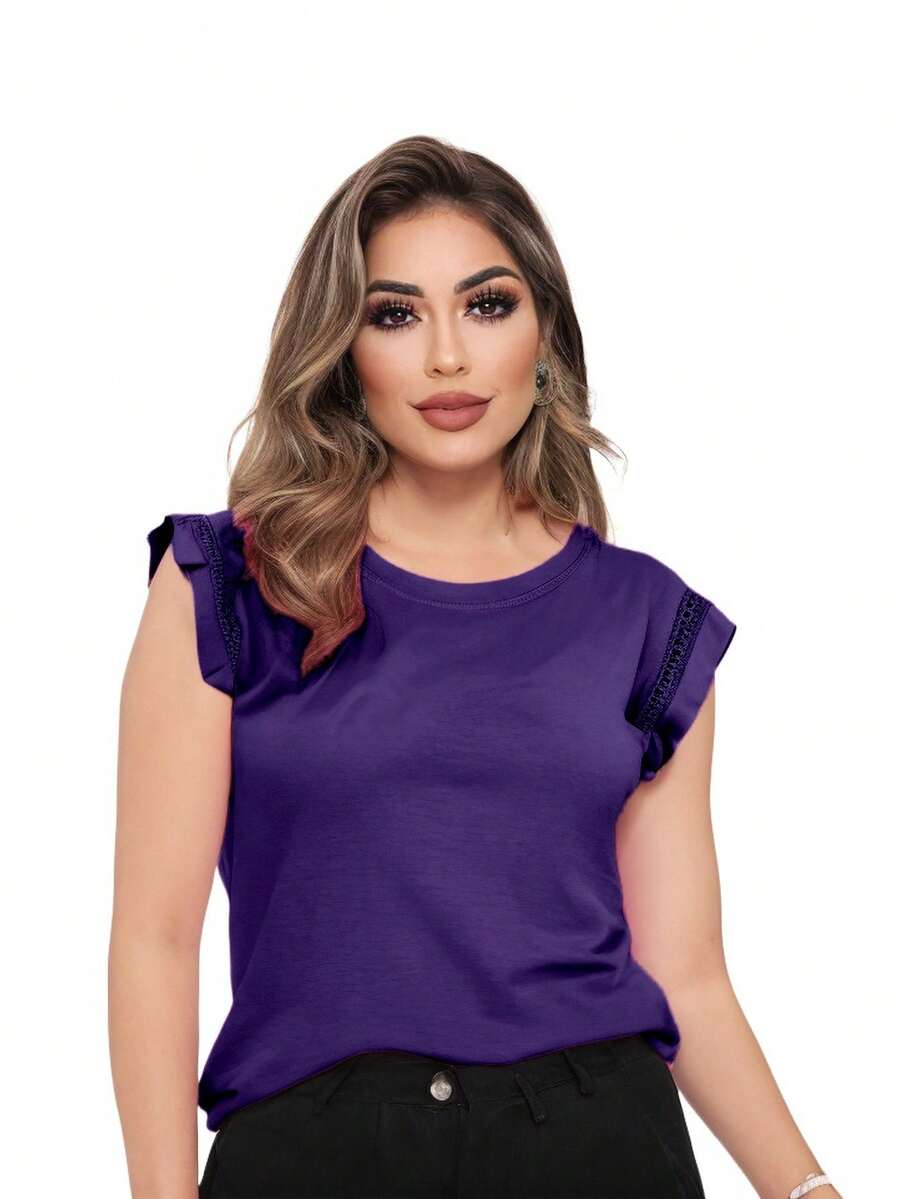 Lace Sleeve T-Shirt Women's Fashion Elegant Blouses - 紫色 - 查看 1