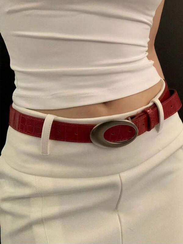 Cinturón de piel con textura de cocodrilo estilo vintage Y2K para mujer, color rojo, accesorio moderno, diseño nuevo 2024