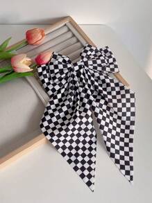 1pc Kids' Black & White Checkerboard Spring Clip Bow Hairclip Checkerboard Big Bowknot Hair Accessory