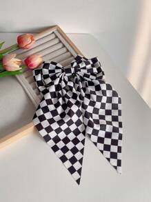 1pc Kids' Black & White Checkerboard Spring Clip Bow Hairclip Checkerboard Big Bowknot Hair Accessory