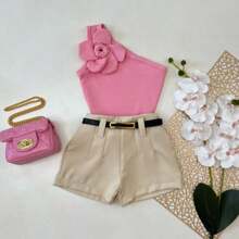 Children's Set End Of Year Clothing Flower Blouse Shorts With Belt - 乾枯玫瑰色 - 查看 2