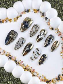 10 Pieces Of Handmade Black And Gold Cool Style Almond-Shaped Full-Coverage Nail Pieces