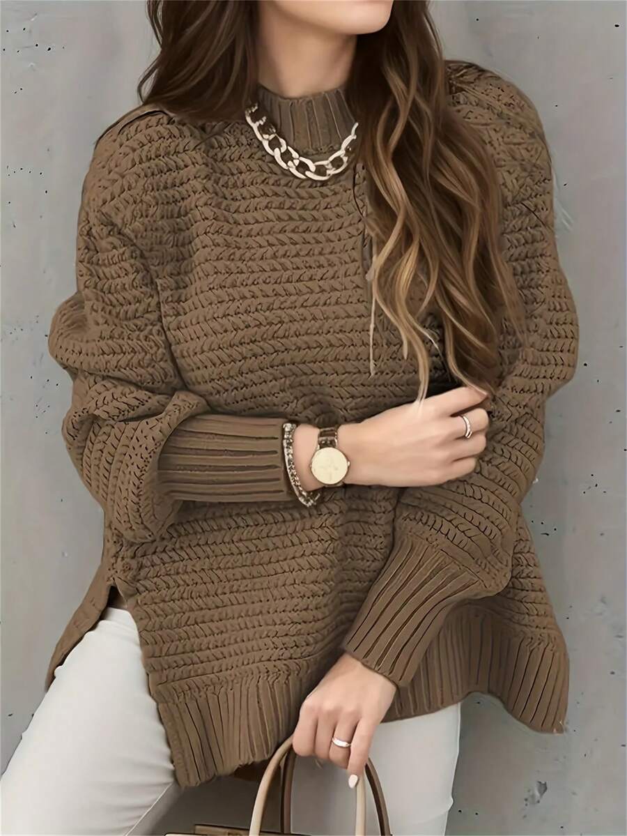 Suéter de punto de manga larga con cuello alto para mujer talla grande, informal, para el invierno - Café integral - Ver 1