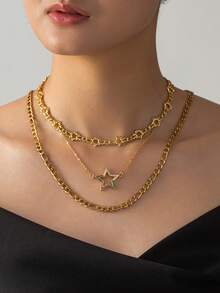 3 件套法式复古简约时尚精致锆石星形吊坠项链套装 - 金色 - 查看 1