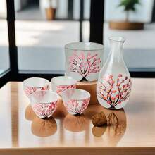 六件套手工锤樱花玻璃清酒套装，手绘透明玻璃清酒瓶套装，包括 1 个暖酒罐、1 个清酒壶、4 个清酒杯，适合热清酒或冰清酒爱好者的清酒套装 - 多色 - 查看 3