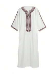 Gandoura Style Embroidered Traditional Long Robe, Muslim Moroccan Men Half Sleeve Thobe