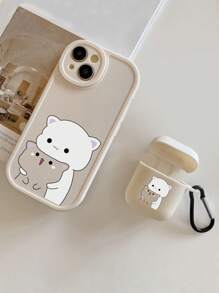 2pcs/Set Cartoon Cat Printed Phone Case & Earphone Case, Lens Protection 360 Degree Full Body Phone Case Compatible With IPhone, Matching Cartoon Cat Printed Earphone Case Compatible With AirPods 1/2 Waterproof Shockproof Anti-Fall Scratch Resistant