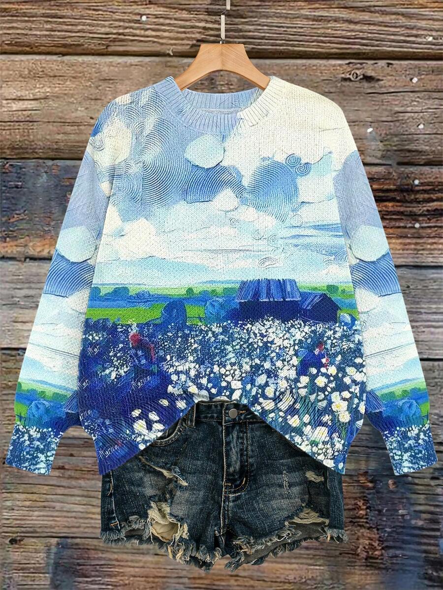 女士休闲时尚郁金香印花套头衫，适合日常穿着、通勤和购物，秋冬季 - 彩色 - 查看 1