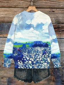 女士休闲时尚郁金香印花套头衫，适合日常穿着、通勤和购物，秋冬季 - 彩色 - 查看 2