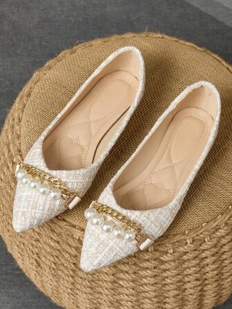 女士尖头休闲软底平底鞋，时尚优雅正装鞋配珍珠扣，舒适平底乐福鞋