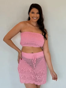 Strapless And Midi Skirt Crochet Knitting Cropped Top Summer Fashion Beach Cover-Up Set - 淺粉色 - 查看 2