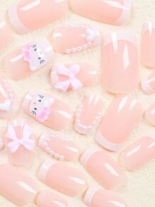 Sanrio 24 piezas de uñas postizas cuadradas medianas rosas, con lindos dibujos animados, cristales rhinestone blancos y perlas 3D, adecuadas para fiestas y uso diario de mujeres (incluye 1 pieza de pegamento de gelatina y 1 tira de esmerilado)