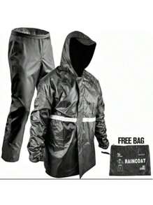 Adult Men's Women's Motorcycle Raincoat Full Set With Signal Strip And Hood - màu đen - Xem 1