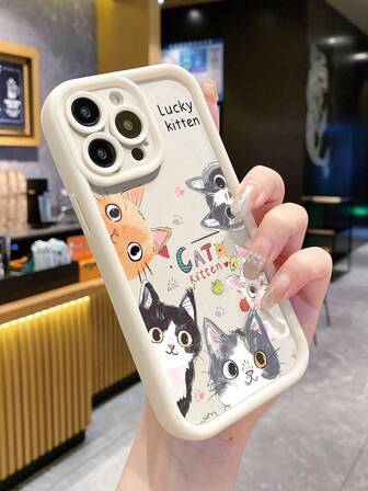 1pc Stylish & Adorable 5 Cats Pattern Anti-Fall Silica Gel Phone Case Compatible With Apple///Redmi/Infinix/Vivo//OPPO Waterproof Shockproof Scratch Resistant