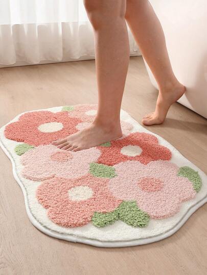 DAJIANG 1pc - Pink Floral Bathroom Mat, Cute Bathroom Rug, Super Soft Microfiber Bathroom Runner, Non-Slip TPR Backing Home Mat, Machine Washable, Suitable For Living Room, Vanity, Bathtub, Shower, Sink - Bathroom Decor Rug Outdoor Rug Doormat Autumn Decor Bathroom Accessories Back To School Entryway Decor