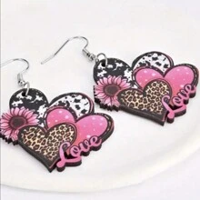 1 Pair Wooden Earrings - Unique Overlapping Leopard Print, Vibrant Pink Heart Sunflower, Geometric Drop Earrings With Elegant Charming Style - Perfect Holiday Party Gift For Couples, Friends, Or Family Members Valentines,Mom,Mother,Mother's Day,Gift
