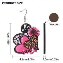 1 Pair Wooden Earrings - Unique Overlapping Leopard Print, Vibrant Pink Heart Sunflower, Geometric Drop Earrings With Elegant Charming Style - Perfect Holiday Party Gift For Couples, Friends, Or Family Members Valentines,Mom,Mother,Mother's Day,Gift
