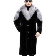 Casaco de pele sintética masculino, sobretudo longo e leve casual com gola grossa de pele de raposa prateada, design de marca de moda de luxo