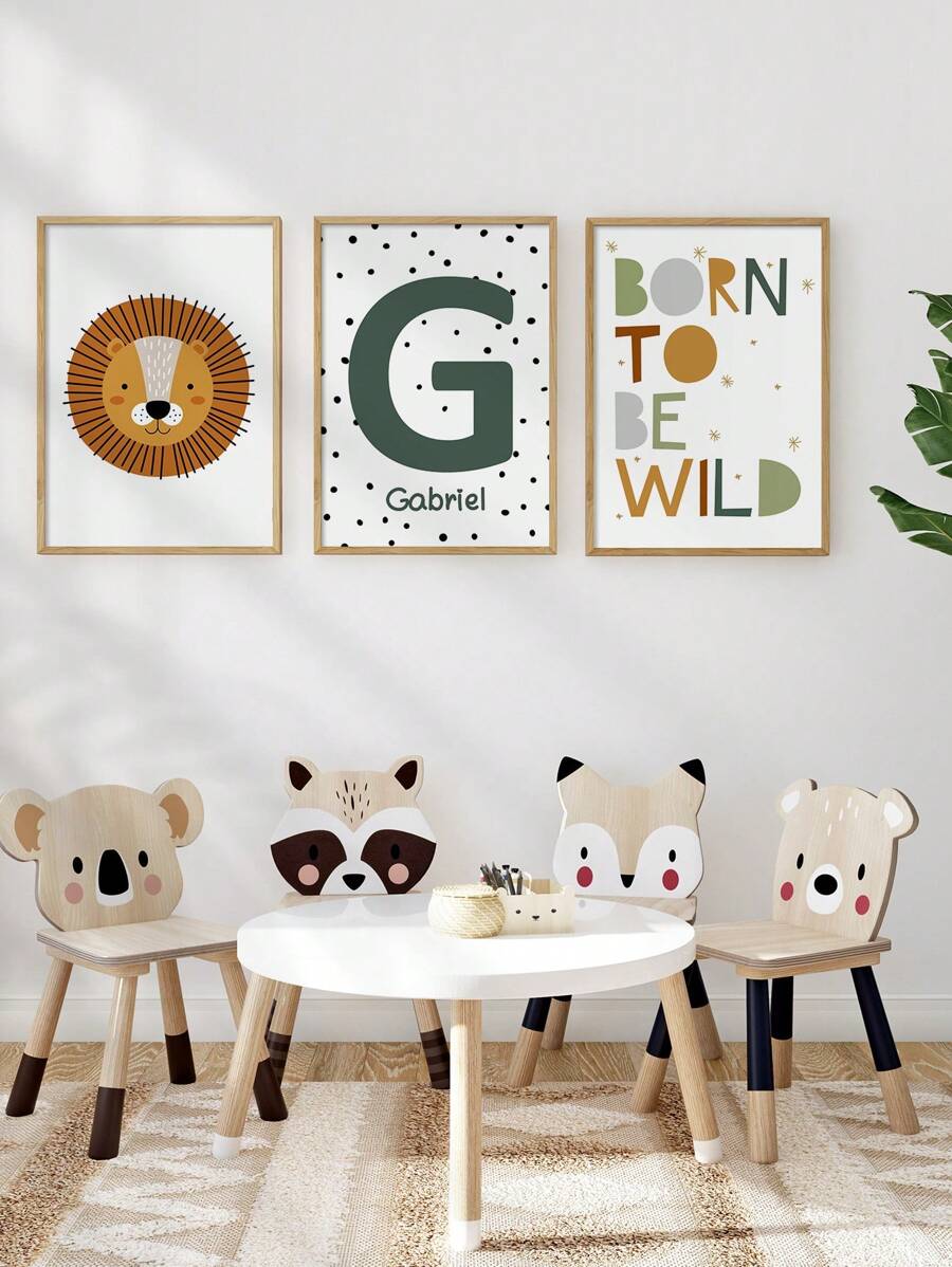 3 buc. Poster personalizat cu nume, leu de desene animate, născut sălbatic, artă de perete în stil boem, decor pentru camera băieților, creșă, cadou de ziua de naștere, cadou de absolvire, decor pentru casă, decor pentru camera de la școală, rechizite școlare - Multicolor - Vizualizare 1