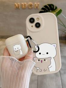 2pcs/Set Cartoon Cat Printed Phone Case & Earphone Case, Lens Protection 360 Degree Full Body Phone Case Compatible With IPhone, Matching Cartoon Cat Printed Earphone Case Compatible With AirPods 1/2 Waterproof Shockproof Anti-Fall Scratch Resistant
