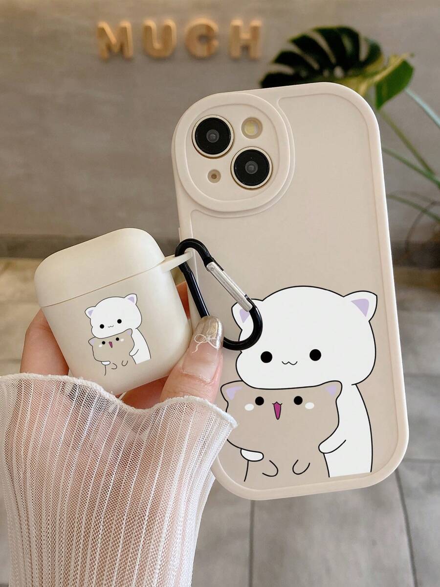 2pcs/Set Cartoon Cat Printed Phone Case & Earphone Case, Lens Protection 360 Degree Full Body Phone Case Compatible With IPhone, Matching Cartoon Cat Printed Earphone Case Compatible With AirPods 1/2 Waterproof Shockproof Anti-Fall Scratch Resistant