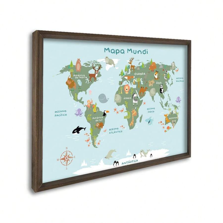 Children's Decorative Frame Animal World Map Adventures Around The Planet Interactive Geographic - 棕色 60x90 有玻璃 - 查看 1