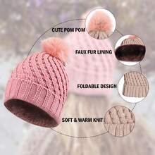 2 Piece Of Randomly Selected Women's Ultra Soft Stylish Winter Warm Knitted Fur Lined Pom Pom Beanie Hat, Cozy, Cold Weather, Comfortable Fit, Stretchy, Fashionable, Casual Wear, Outdoor, Thermal, Insulated, Everyday, Warm, Soft - 條紋 - 查看 9