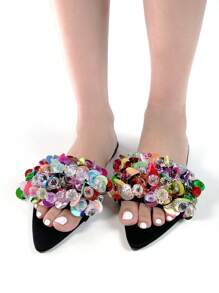 Women's Fashion Handmade Beads Embroidery 3D Flower Decor Black Lycra Pointed Toe Flat Mules Slippers For Daily & Holiday Wear Valentines - 黑色 - 查看 5