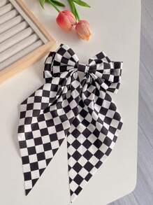 1pc Kids' Black & White Checkerboard Spring Clip Bow Hairclip Checkerboard Big Bowknot Hair Accessory