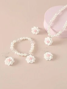 NAIZHU 5 件套时尚儿童花朵仿珍珠串珠项链手链耳环戒指首饰套装，新年礼物 - YSN1455 - 查看 9