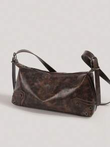 Bolsa Vintage Em Pu Marrom Café, Estilo Motociclista Y2K (1 Peça), Ideal Para Ombro, Transversal Ou Formato De Meia-Lua. Perfeita Para Meninas, Mulheres, Estudantes, Jovens Profissionais, Funcionárias De Escritório, Para O Dia A Dia E Passeios Escolares. - Castanho Café - Ver 8