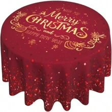 1pc Merry Christmas Tablecloth, Snowflake Text Design Red Festive Circular Tablecloth, Kitchen And Dining Room Decoration, Polyester Fiber Anti Slip Tablecloth, Suitable For Christmas And Party Decoration - Multicolor - View 4