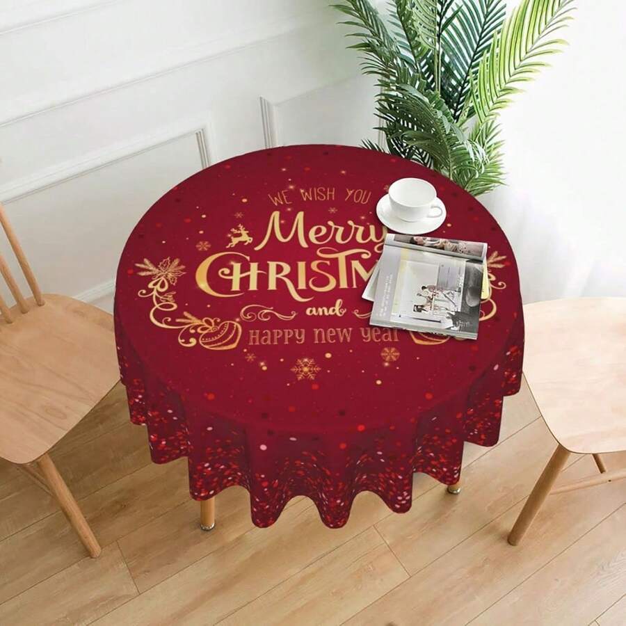 1pc Merry Christmas Tablecloth, Snowflake Text Design Red Festive Circular Tablecloth, Kitchen And Dining Room Decoration, Polyester Fiber Anti Slip Tablecloth, Suitable For Christmas And Party Decoration - Multicolor - View 1