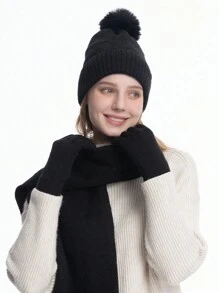 3pcs Set: Knitted Hat, Scarf, And Gloves, Warm Double-Layer Thermal Lined, Knit Beanie Cap For Women, Autumn/Winter