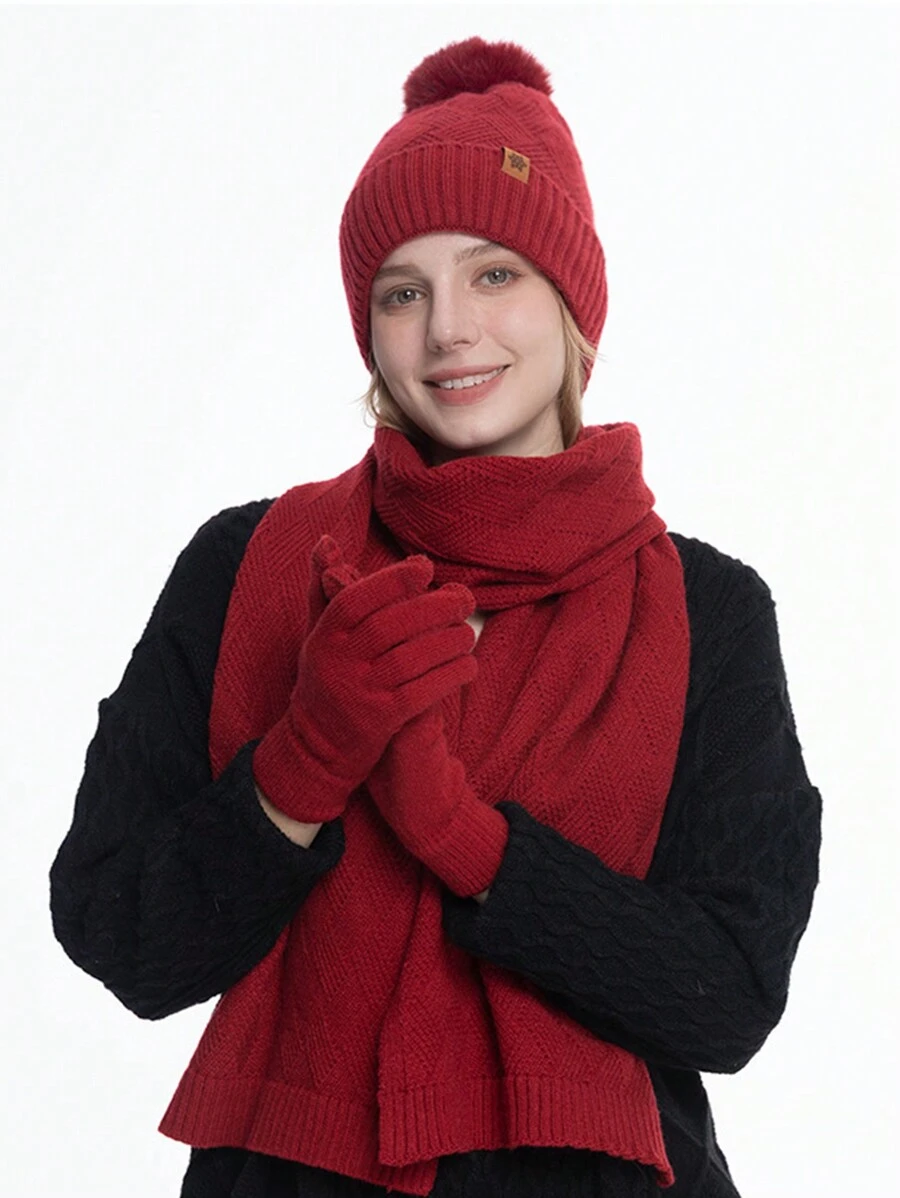 3pcs Set: Knitted Hat, Scarf, And Gloves, Warm Double-Layer Thermal Lined, Knit Beanie Cap For Women, Autumn/Winter