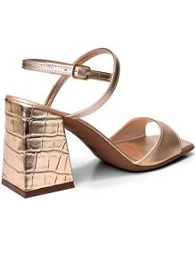 Women's Sandals With High Block Heels, Comfortable, Square Toe, Crocodile Lumiss - Gold - View 5