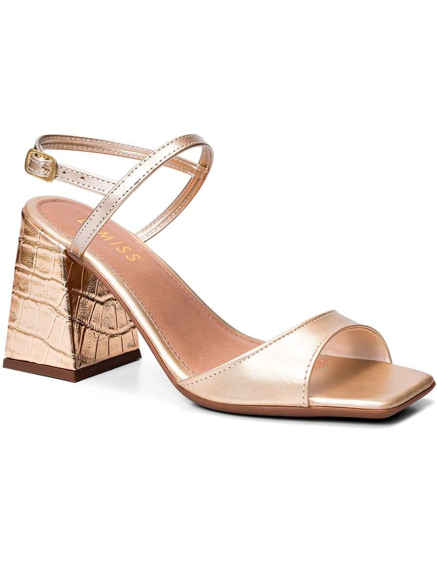 Women's Sandals With High Block Heels, Comfortable, Square Toe, Crocodile Lumiss - Gold - View 1