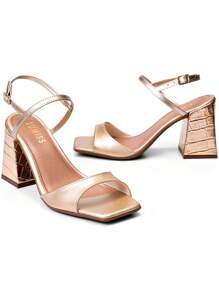 Women's Sandals With High Block Heels, Comfortable, Square Toe, Crocodile Lumiss - Gold - View 4