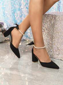 Giày cao gót mũi nhọn đính ngọc trai giả cho nữ, phong cách cổ tích, giản dị, thanh lịch, tiệc tối, hợp thời trang, giày cao gót cho ngày lễ tình nhân - màu đen - Xem 4