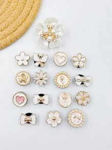 16pcs Set White Inlaid Pearl Flower Butterfly Heart Shoe Decorations, Suitable For Crocs Resin Shoes Accessories, Wristbands, Slippers, DIY Crafts (Non-Integrated Buckle)