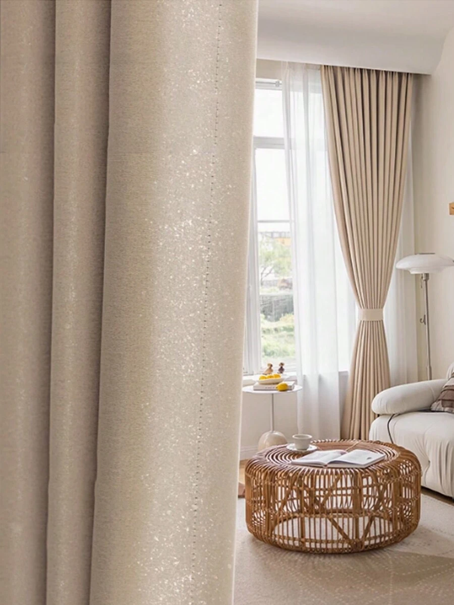 1pc Blackout Curtain And Solid Voile Cream White Curtain For Living Room And Bedroom With Noise Reducing And Privacy Window Drapes  - Khaki - View 1